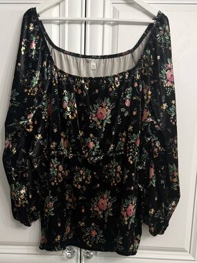 Cato Plus Size 22-24 Black w/Pink Green Floral On/Off-Shoulder Velvet Blouse Top